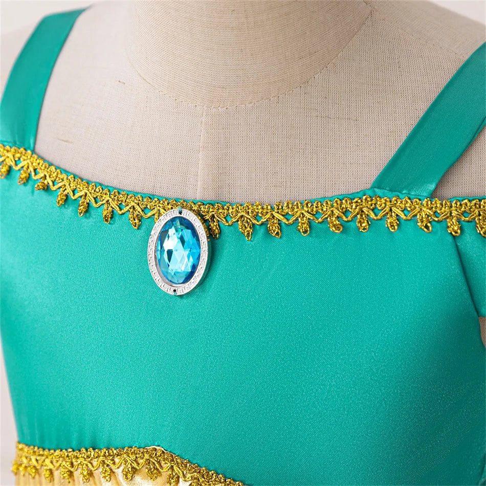 Jasmine Cosplay Dress Girls Children's Day School Stage Performance Clothes Set Kids Green Sequin Tulle Princess Outfits