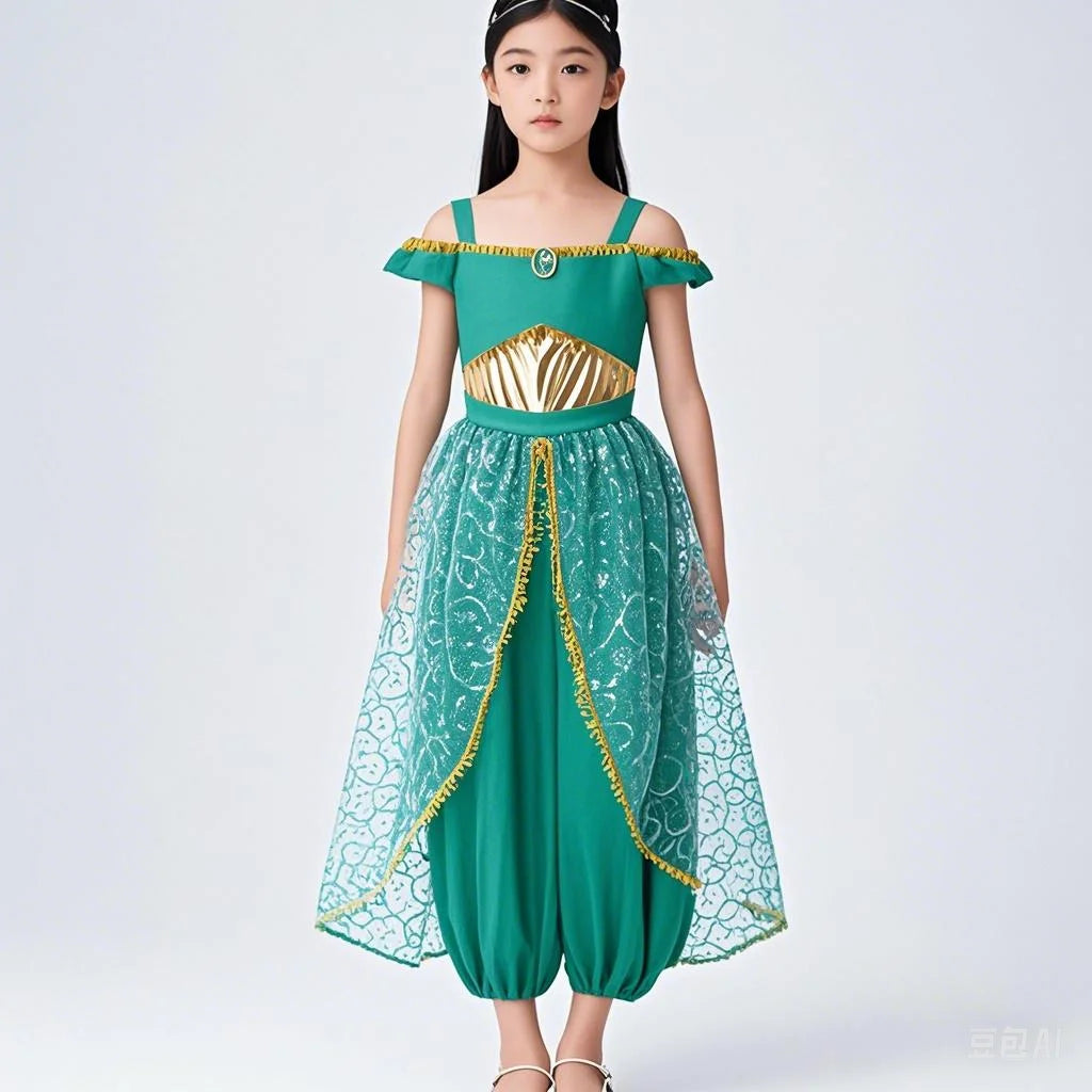 Jasmine Cosplay Dress Girls Children's Day School Stage Performance Clothes Set Kids Green Sequin Tulle Princess Outfits